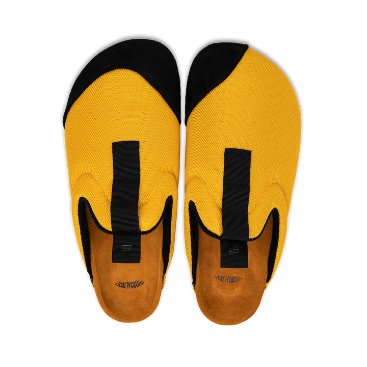 Top view Bantha 2.0 Yellow is a Mule made of Yellow mesh with a Black hairy suede to overlay, cork midsole with suede top lining Black VIbram rubber bottom and woven top pull