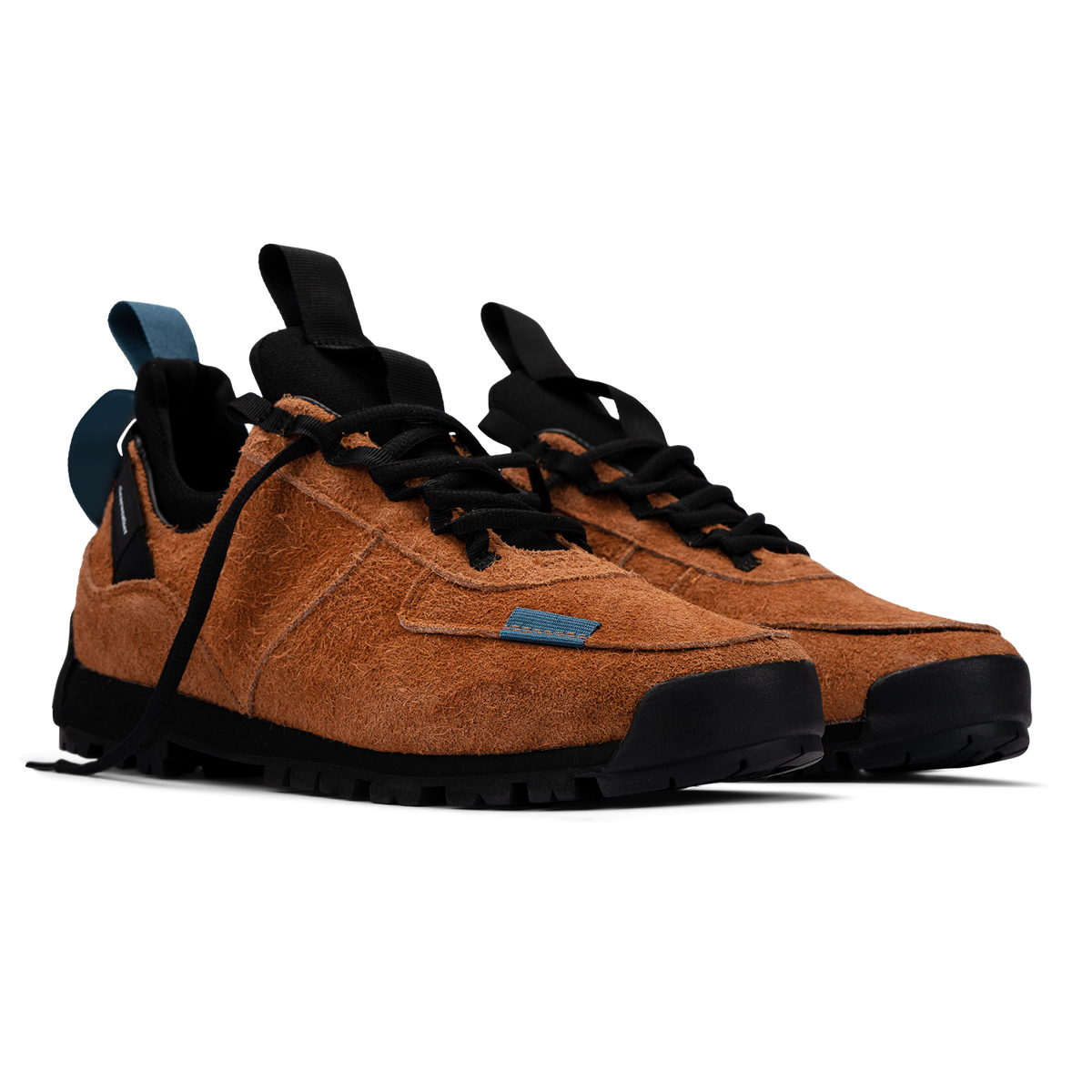 3/4 view / Approach / Auburn color features tabaco colored hairy suede upper, gross grain webbing for laces. helastic heel detail, stretch mesh internal bootie, vintrage vibram hiking outsole and eva midsole. 