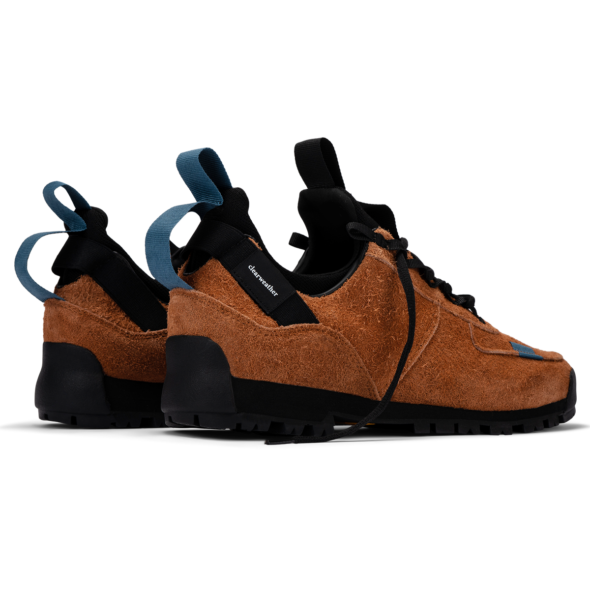 back 3/4 view  / Approach / Auburn color features tabaco colored hairy suede upper, gross grain webbing for laces. helastic heel detail, stretch mesh internal bootie, vintrage vibram hiking outsole and eva midsole. 