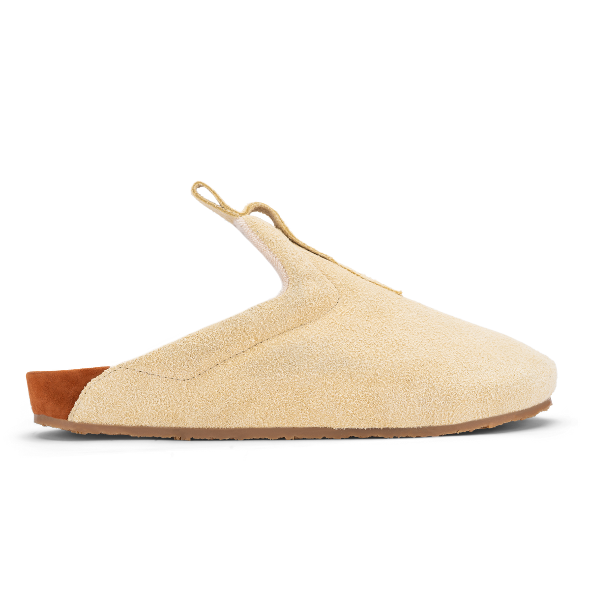profile view beige suede upper, cork midsole wrapped in soft suede, Vibram sheet gum rubber outsole