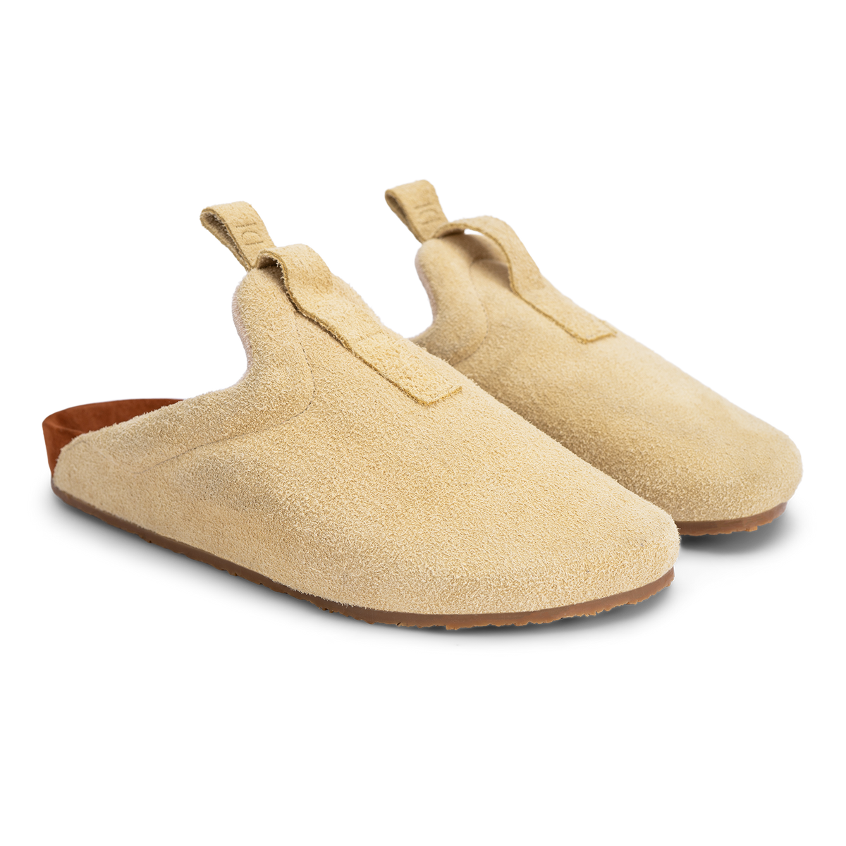 top 3/4 view beige suede upper, cork midsole wrapped in soft suede, Vibram sheet gum rubber outsole