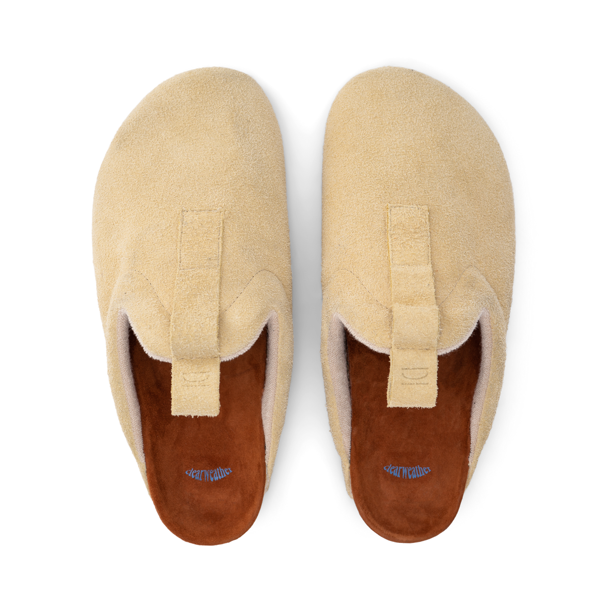 top view beige suede upper, cork midsole wrapped in soft suede, Vibram sheet gum rubber outsole