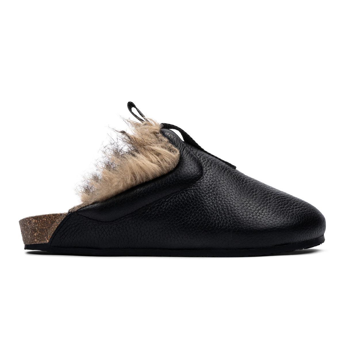 Himalaya profile shot Side view / Bantha Himalya is a Mule with faux fur lining. - Black tumbled leather upper and vibram sheet rubber bottom.