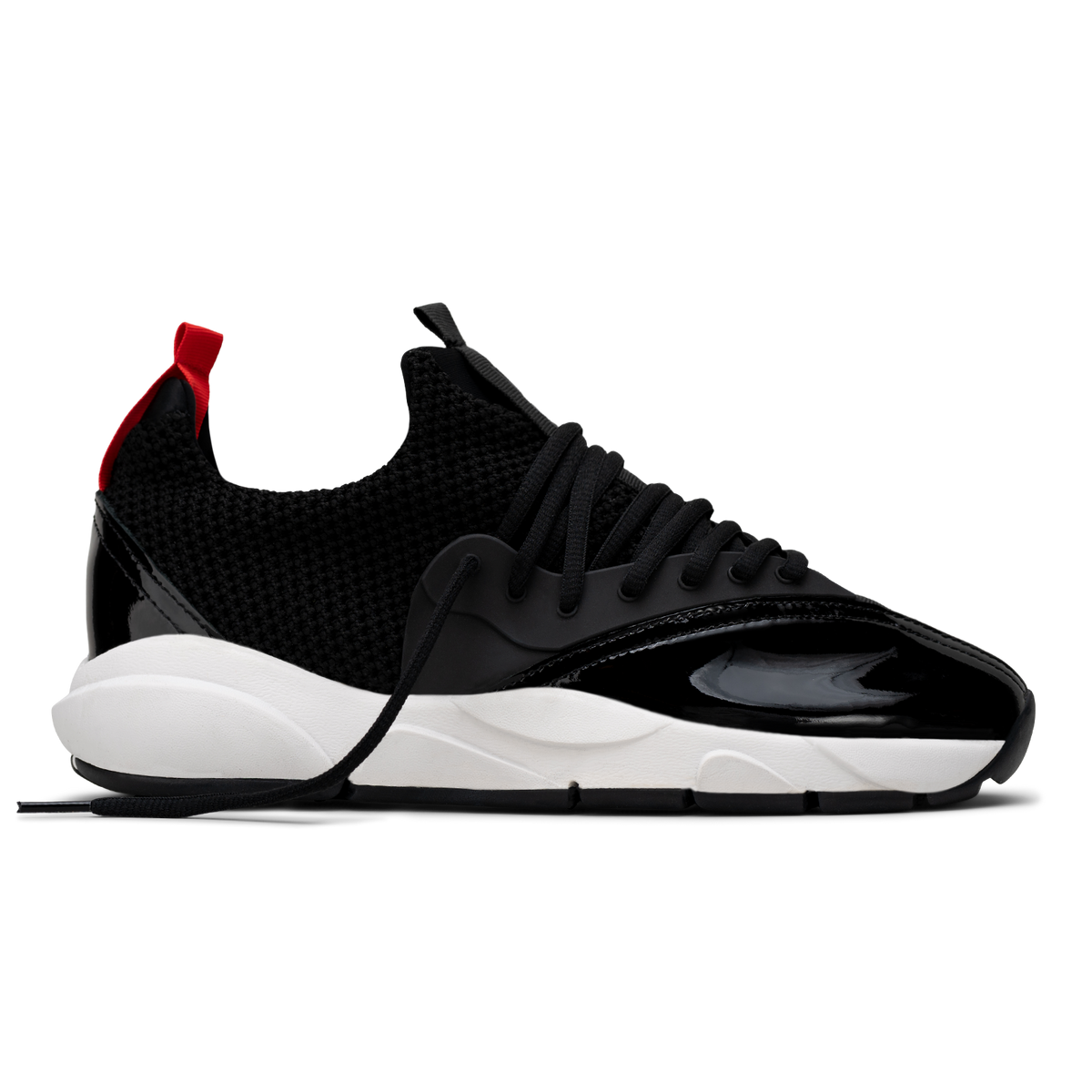 Profile view, Cloudstryk Advantage is a runner with Black patent leather overlays zoom mesh underlays, red heel pull molded lace holder, white eva midsol and a translucent black rubber outsole. 