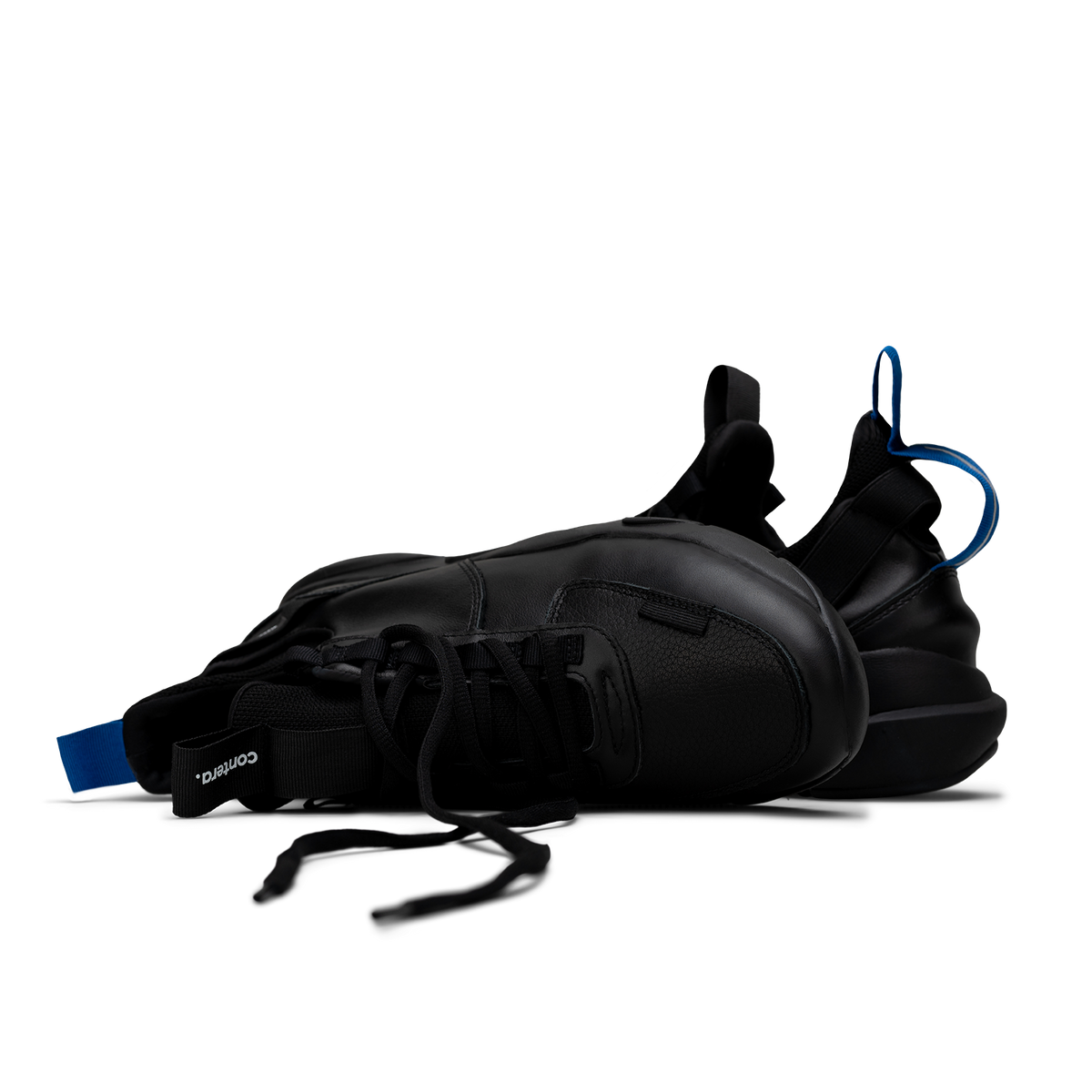 Top and back view,  Contera Black is a runner with Tumbled Black fullgrain leather overlays Black stretch mesh underlays, Royal Blue heel pull molded lace holder, Black eva midsole and Black rubber outsole.
