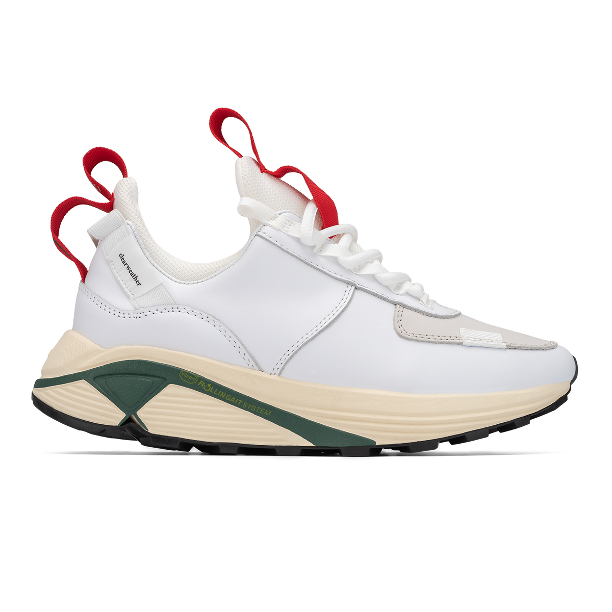 Side profile view,  Contera Cloud Forest  is a runner with White  fullgrain and Nubuck leather overlays White stretch mesh underlays, Red webbing heel and tongue pull, webbing lace system  gream and green Virbam midsole and black vibram rubber outsole.