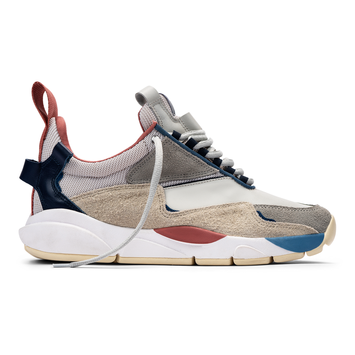 Aires Earth Grey profile shot / hairy suede overlays smooth leather  and mesh underlays refelctive hits, webiing heel pull. eva midsole and rubber outsole.