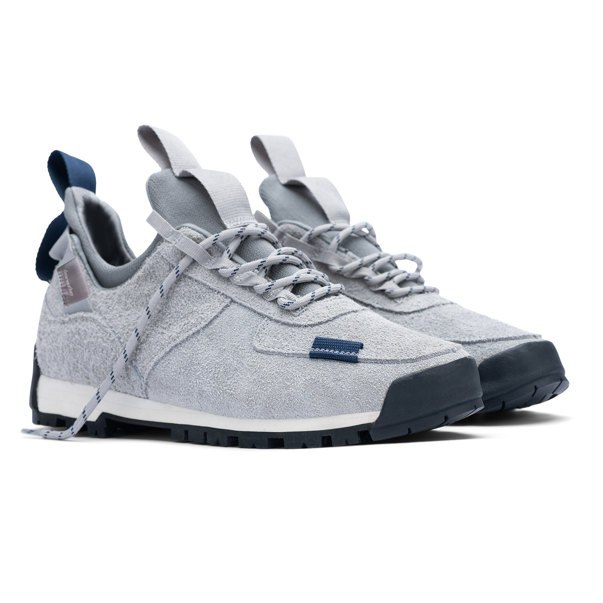 3/4 view  / Approach / Lunar color features Light Grey colored hairy suede upper, gross grain webbing for laces. helastic heel detail, stretch mesh internal bootie, vintrage vibram hiking outsole and eva midsole.