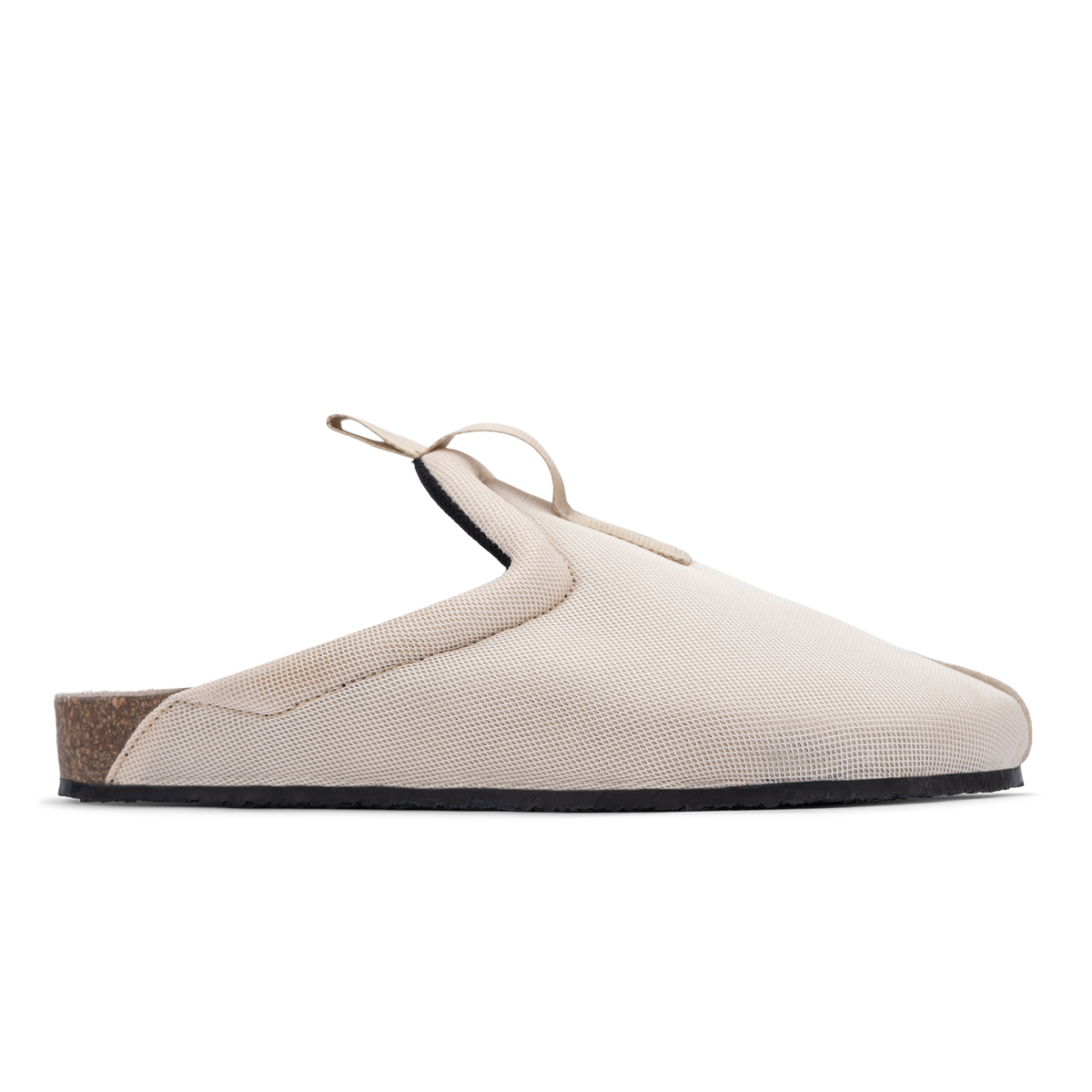 side profile viewBantha 2.0 Oatmeal is a Mule made of cream mesh with a hairy suede to overlay, cork midsole with suede top lining Black VIbram rubber bottom and woven top pull
