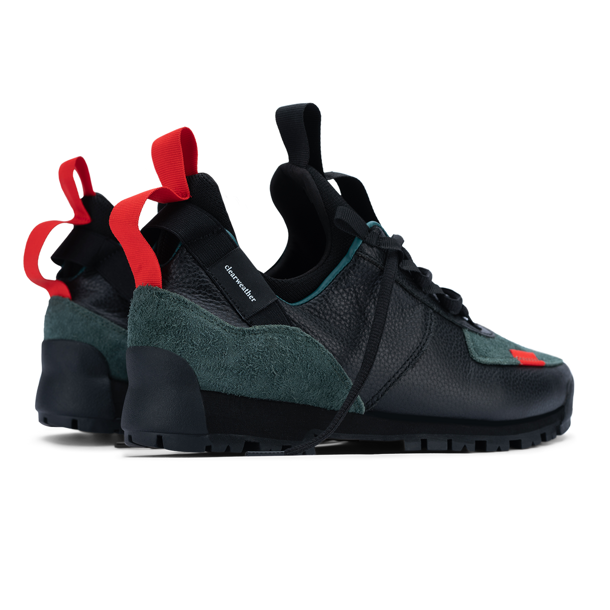 back 3/4 view Approach / Sage color features Black fullgrain leahter and Green hairy suede upper, gross grain webbing for laces. helastic heel detail, stretch mesh internal bootie, vintrage vibram hiking outsole and eva midsole.