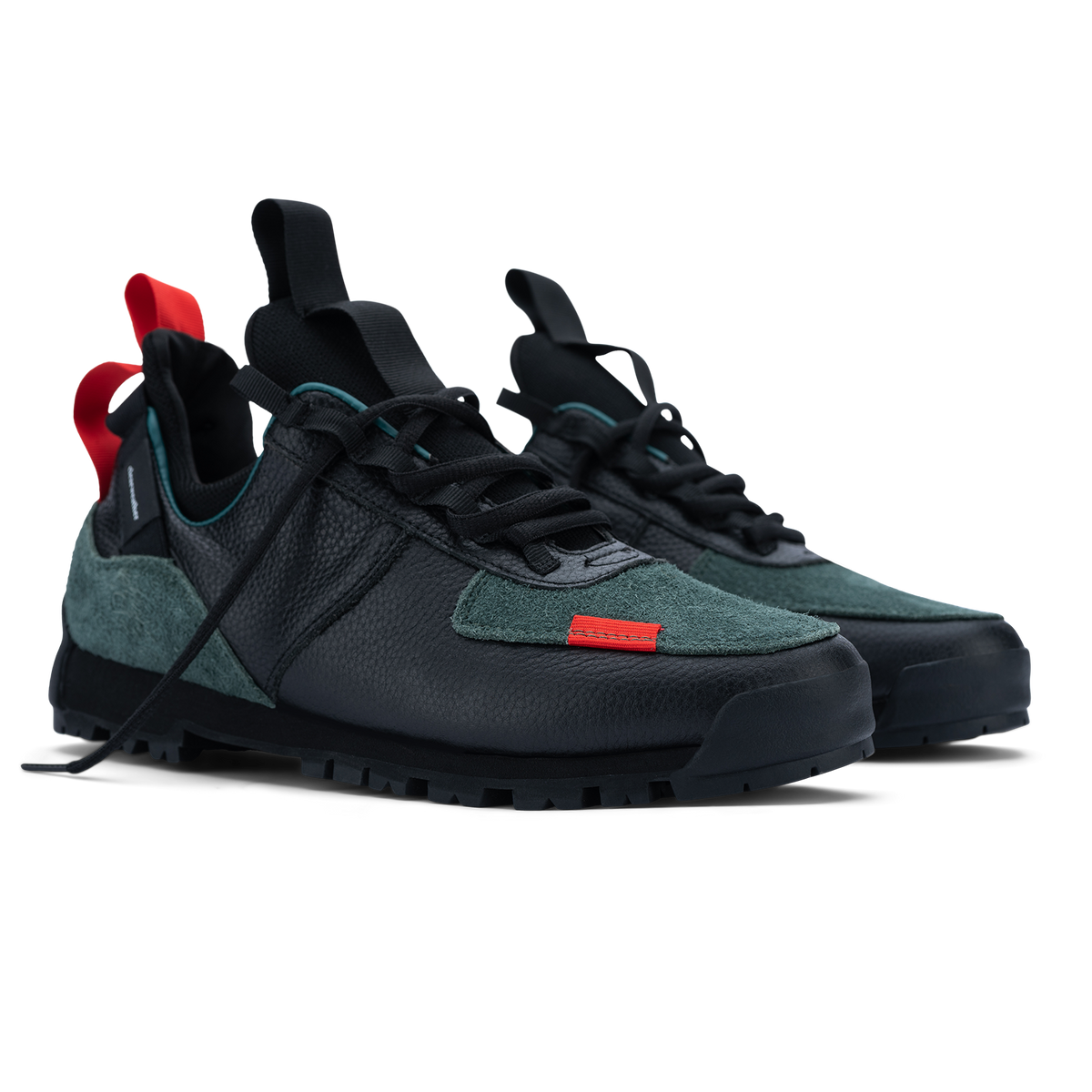 3/4 view Approach / Sage color features Black fullgrain leahter and Green hairy suede upper, gross grain webbing for laces. helastic heel detail, stretch mesh internal bootie, vintrage vibram hiking outsole and eva midsole.