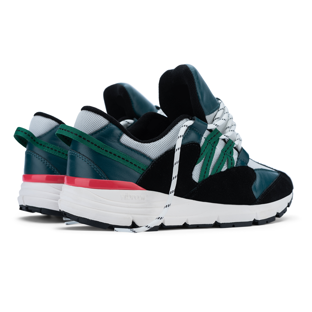 Altiutude / Stargate back 3/4 view Black suede iverlays teal green leather underlays grey air mesh underlay round rope speckled lace pink heel clip vibram outsole.