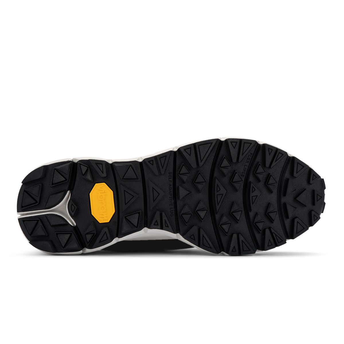 vibram self adaptive rubber lug technology. Black outsole white midsole yellow vibram crest logo