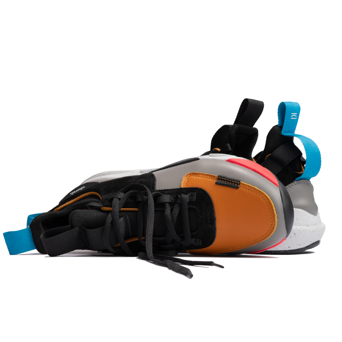 Stylized shots, The Contera Kalahari is a Runner with grey leather black suede and tabaco orange leather, Blue webbing heel pull, Black webbin tongue pull, Black webbing lace system, painted eva midsole ande black rubber outsole.