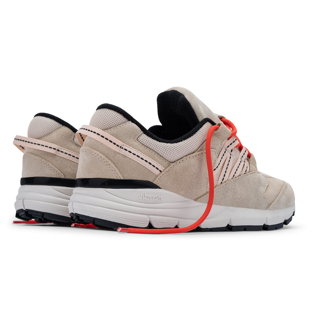 Altiutude / Safari back 3/4 view khaki suede / air mesh / webbing lace holder with orange lace on a vibram sole