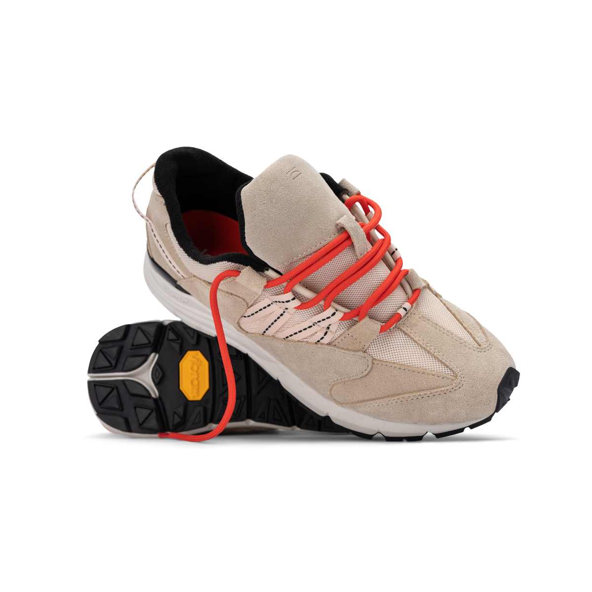 Altiutude / Safari front Top view khaki suede / air mesh / webbing lace holder with orange lace on a vibram sole