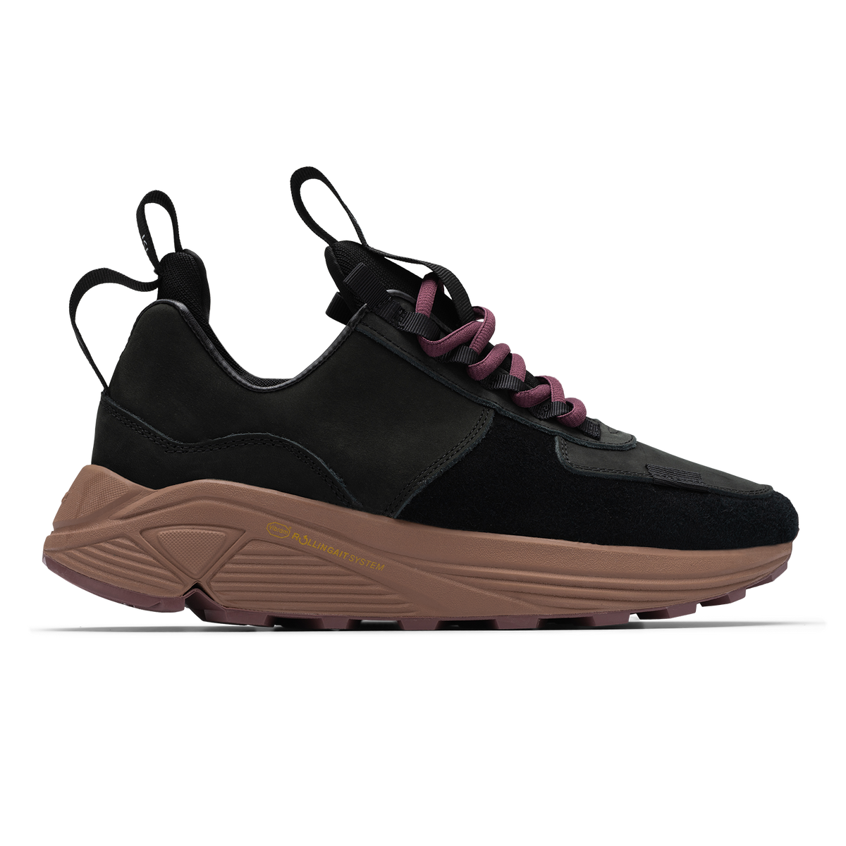 Side View, Contera Iron Oxide is a runner with Black suede and numbuck upper, stretch mesh internal bootie, webbing heel and tongue pulls, webbing lace holder, brown vibram midsole burgundy vibram rubber bottom.
