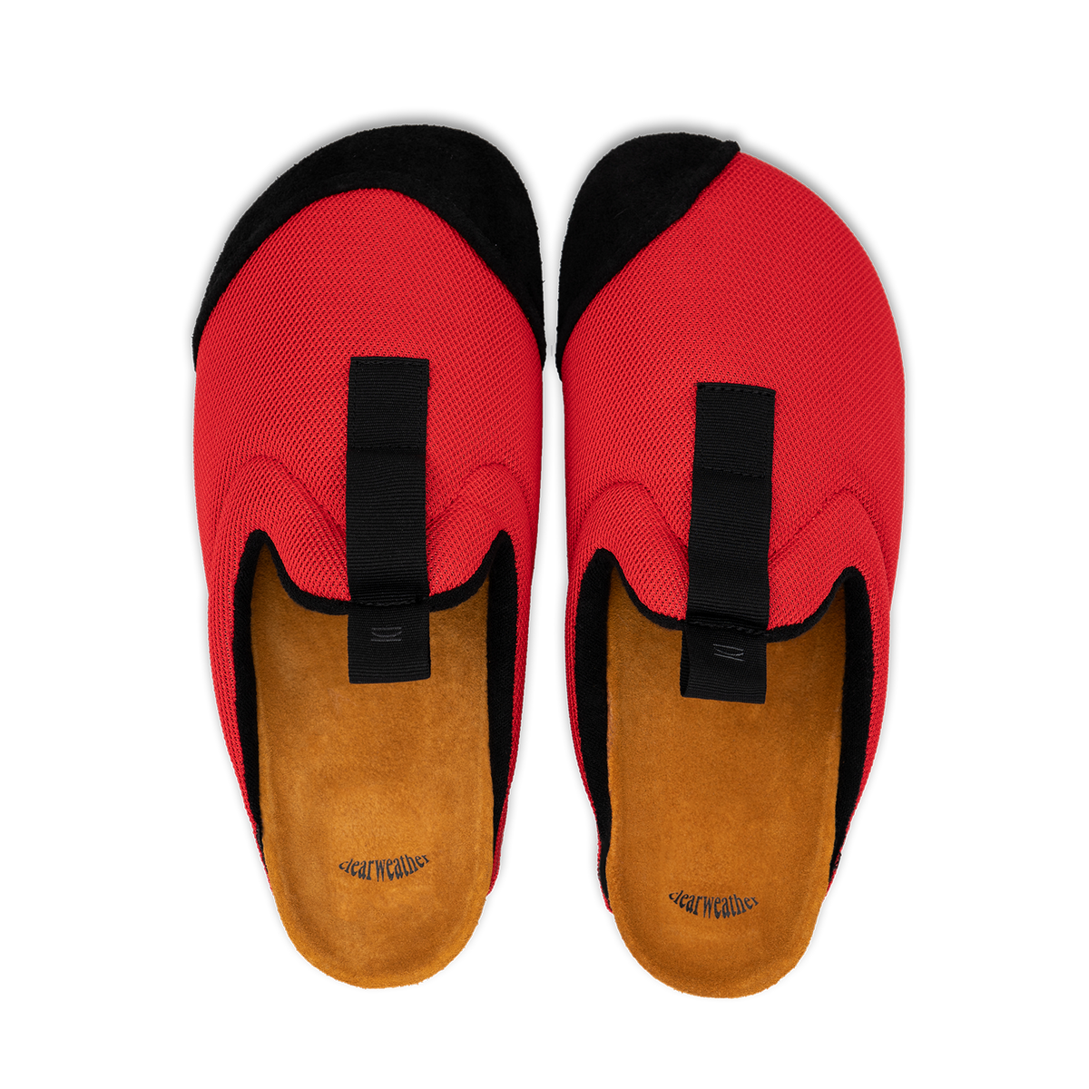 top view antha 2.0 Red is a Mule made of red mesh with a Black hairy suede to overlay, cork midsole with suede top lining Black VIbram rubber bottom and woven top pull