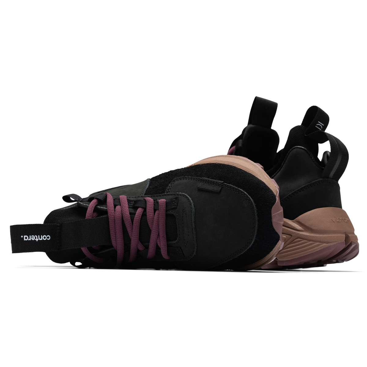 Top and back view, Contera Iron Oxide is a runner with Black suede and numbuck upper, stretch mesh internal bootie, webbing heel and tongue pulls, webbing lace holder, brown vibram midsole burgundy vibram rubber bottom.