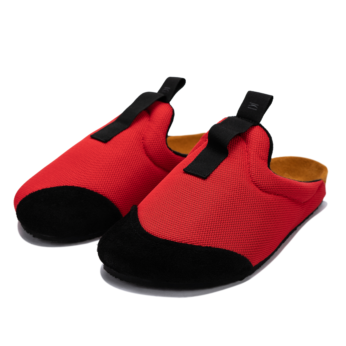 other 3/4 view antha 2.0 Red is a Mule made of red mesh with a Black hairy suede to overlay, cork midsole with suede top lining Black VIbram rubber bottom and woven top pull