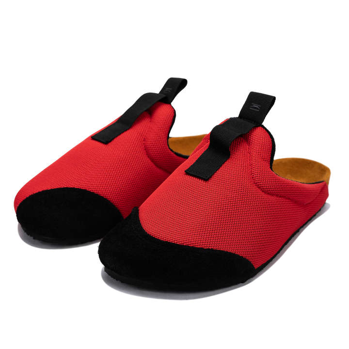 other 3/4 view antha 2.0 Red is a Mule made of red mesh with a Black hairy suede to overlay, cork midsole with suede top lining Black VIbram rubber bottom and woven top pull