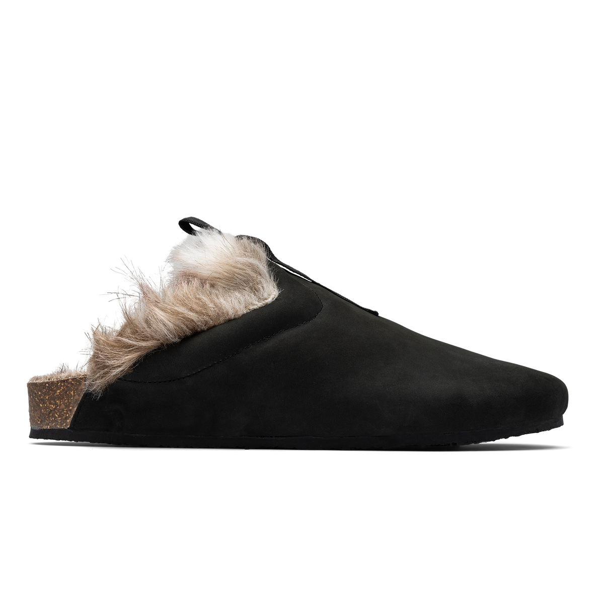 Side view / Bantha Artic Tunder is a Mule with faux fur lining.  - Black smooth nubuck cork midsole and vibram sheet rubber bottom. 