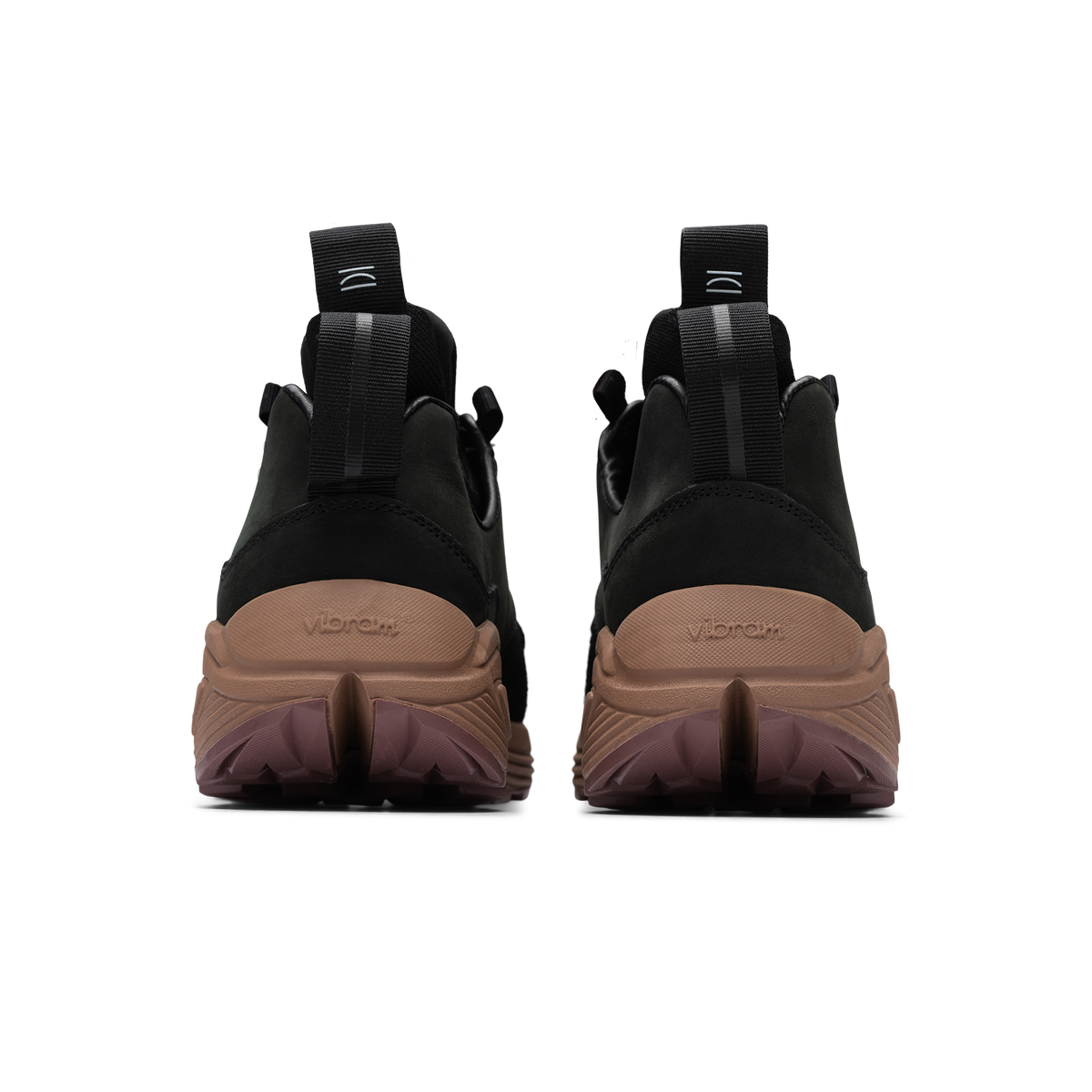 Back view, Contera Iron Oxide is a runner with Black suede and numbuck upper, stretch mesh internal bootie, webbing heel and tongue pulls, webbing lace holder, brown vibram midsole burgundy vibram rubber bottom.