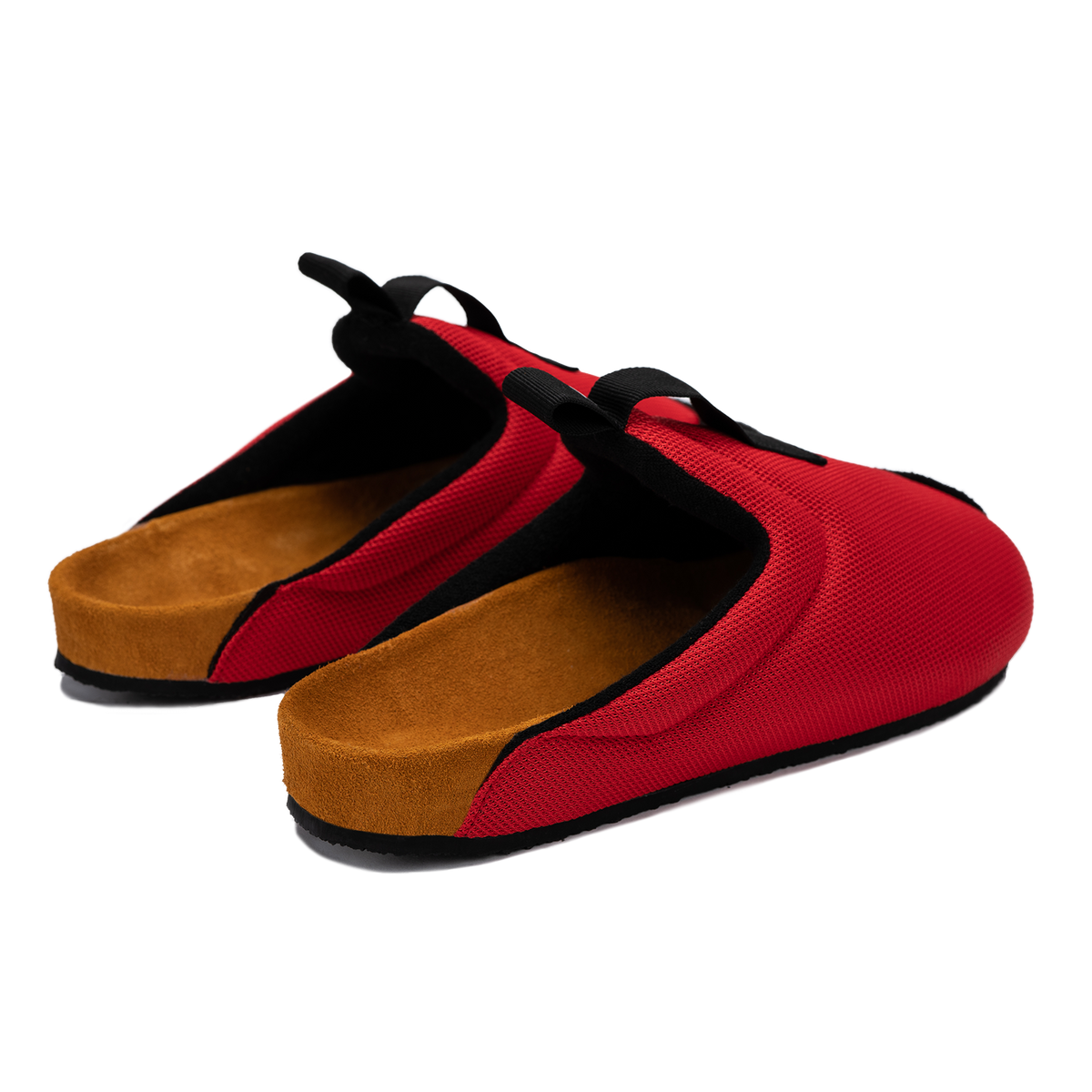 Back 3/4 view antha 2.0 Red is a Mule made of red mesh with a Black hairy suede to overlay, cork midsole with suede top lining Black VIbram rubber bottom and woven top pull