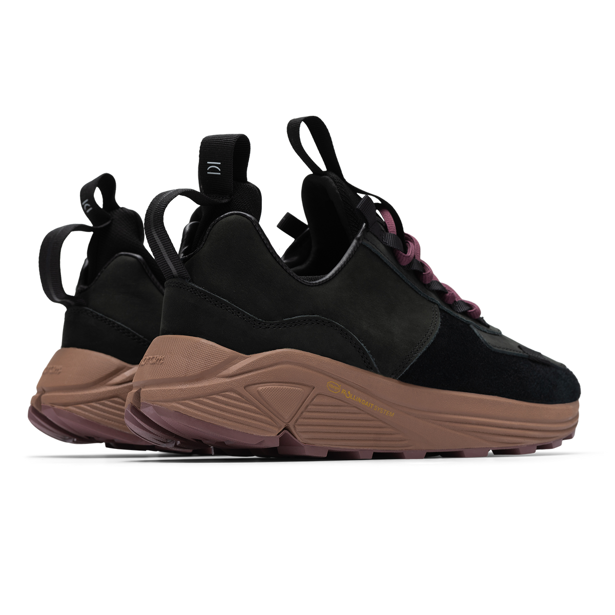Back 3/4 view, Contera Iron Oxide is a runner with Black suede and numbuck upper, stretch mesh internal bootie, webbing heel and tongue pulls, webbing lace holder, brown vibram midsole burgundy vibram rubber bottom.