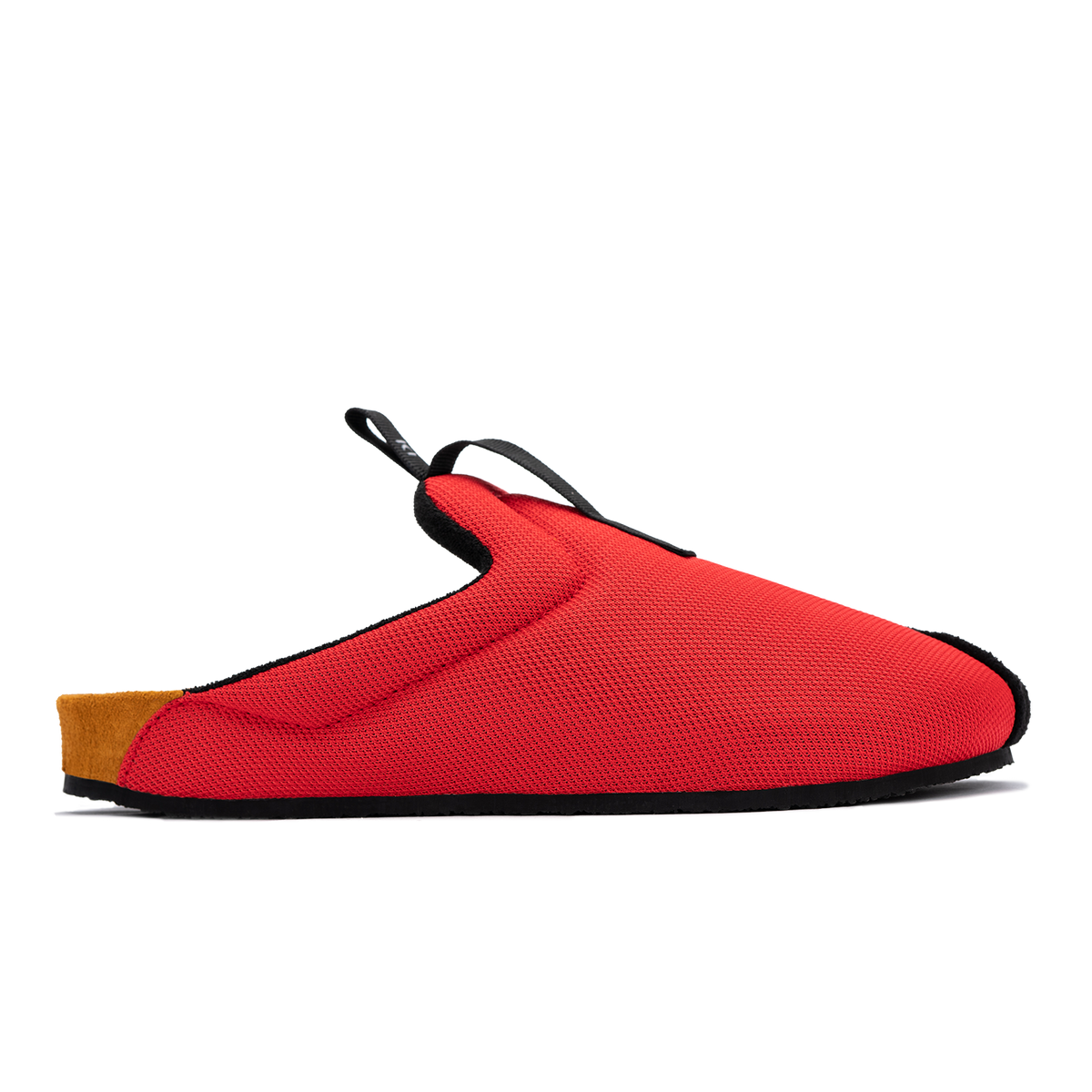 side profile view Bantha 2.0 Red is a Mule made of red mesh with a Black hairy suede to overlay, cork midsole with suede top lining Black VIbram rubber bottom and woven top pull