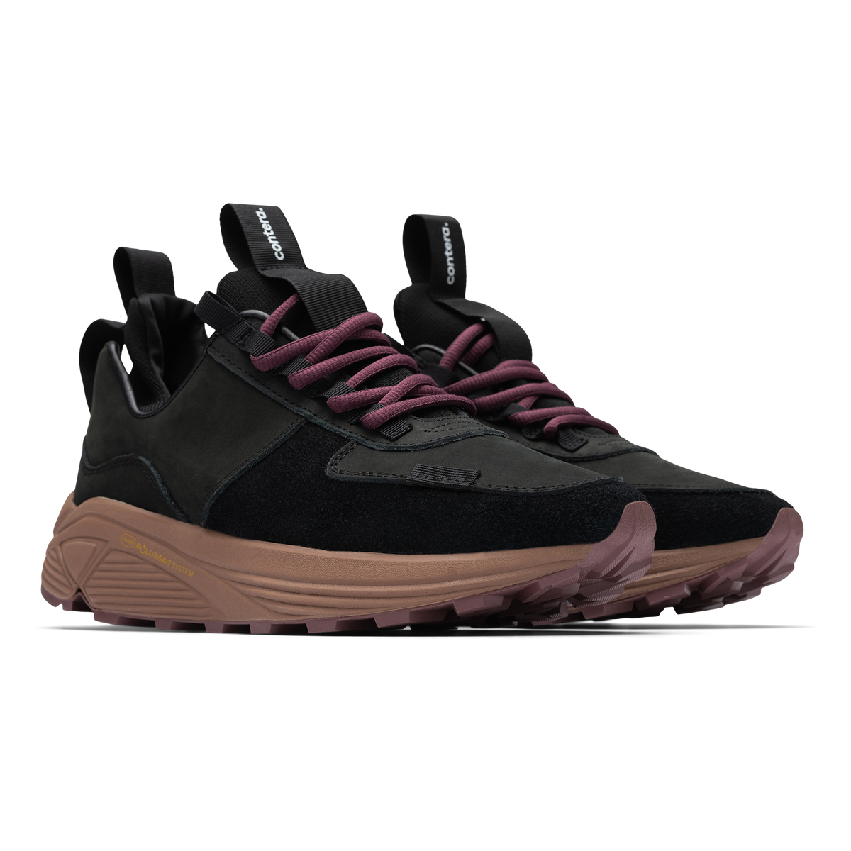 Front 3/4 view, Contera Iron Oxide is a runner with Black suede and numbuck upper, stretch mesh internal bootie, webbing heel and tongue pulls, webbing lace holder, brown vibram midsole burgundy vibram rubber bottom.