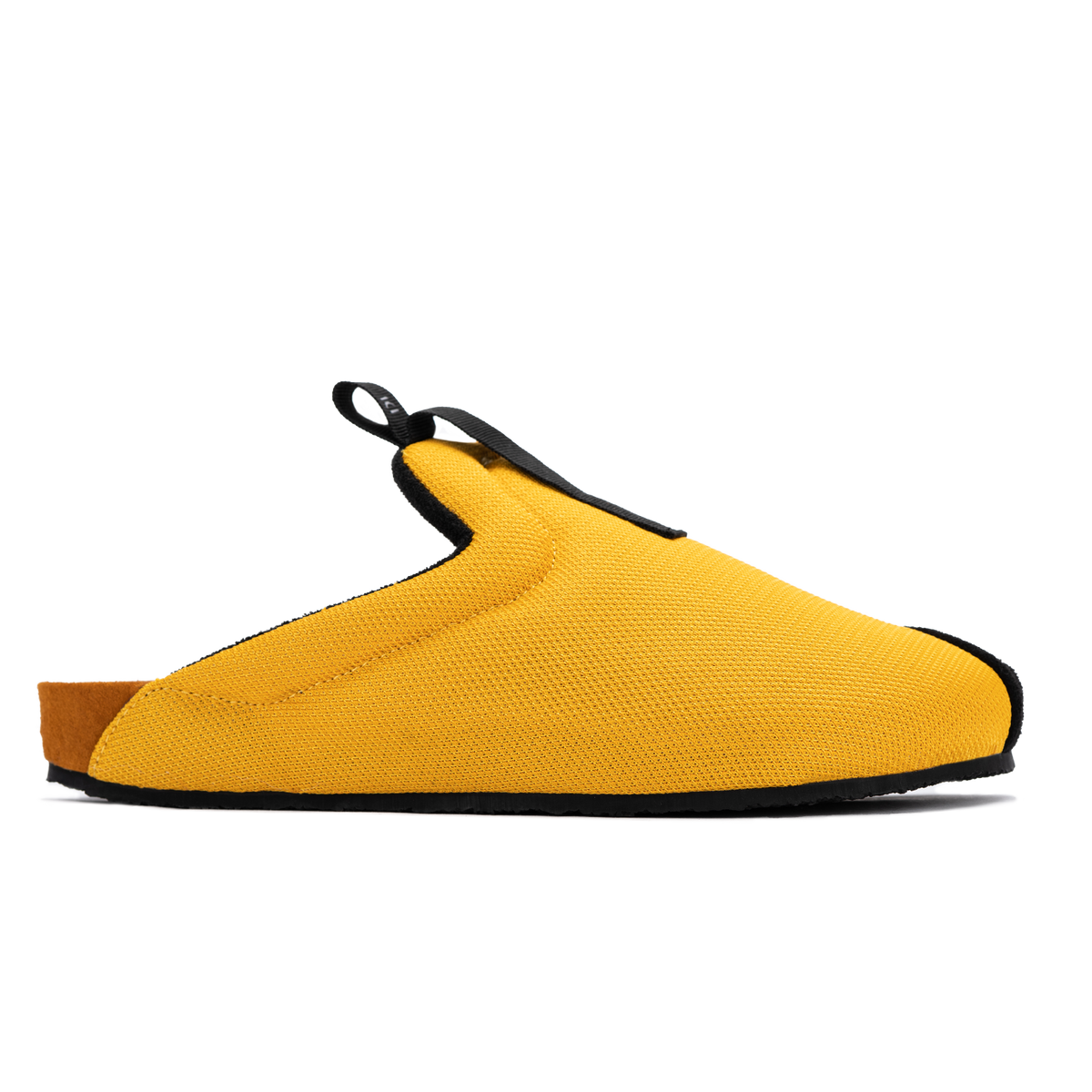 profile view Bantha 2.0 Yellow is a Mule made of Yellow mesh with a Black hairy suede to overlay, cork midsole with suede top lining Black VIbram rubber bottom and woven top pull